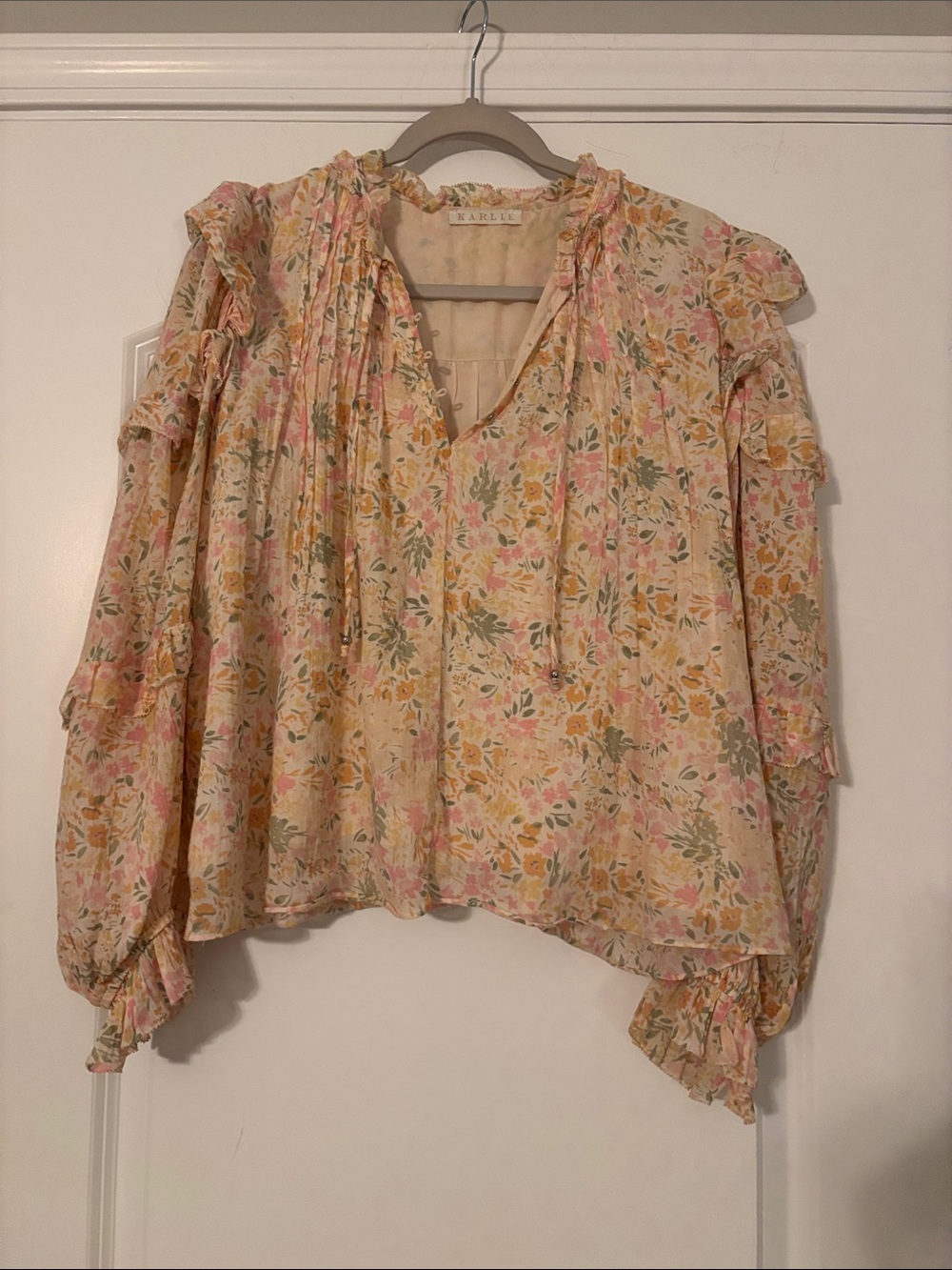 Karlie Floral Ruffle Peasant Blouse - Pink & Cream